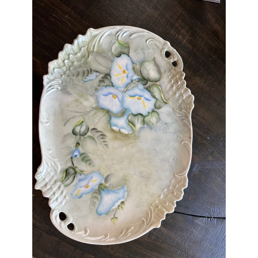 Hand Painted Donnie‎ Hergert Morning Glory Porcelain Platter Scalloped Oval Tray